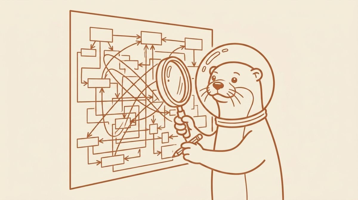 Line drawing of an otter in a round helmet studying a tangled workflow diagram with a magnifying glass