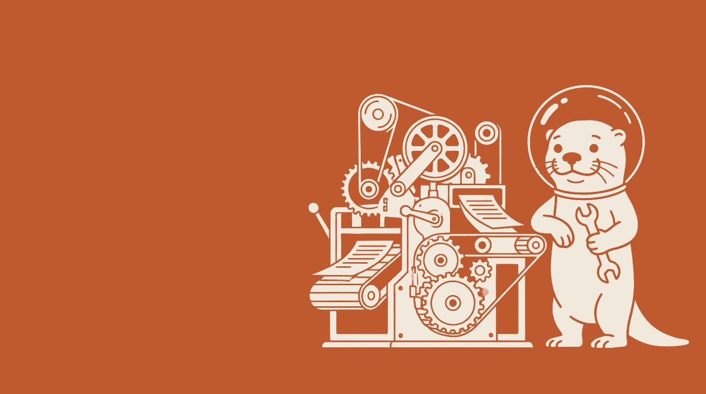Cream line drawing on rust of an otter in a round helmet standing beside a machine that runs on its own