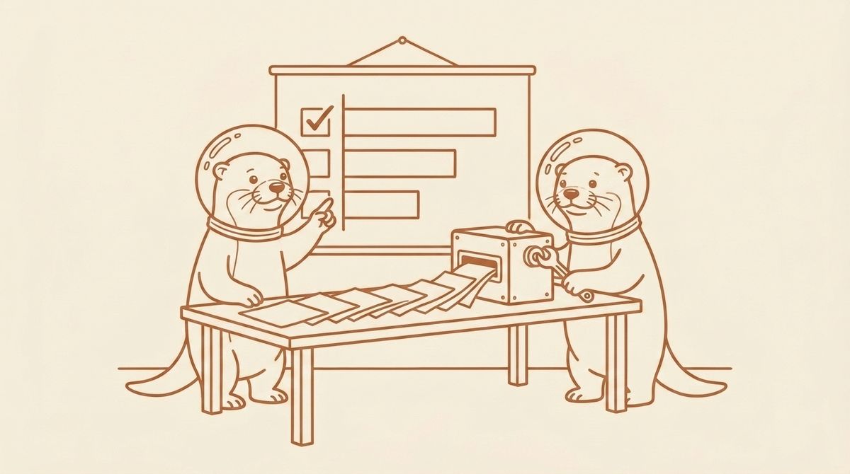 Line drawing of two otters in round helmets working together, one pointing at a ranked chart while the other adjusts a small machine
